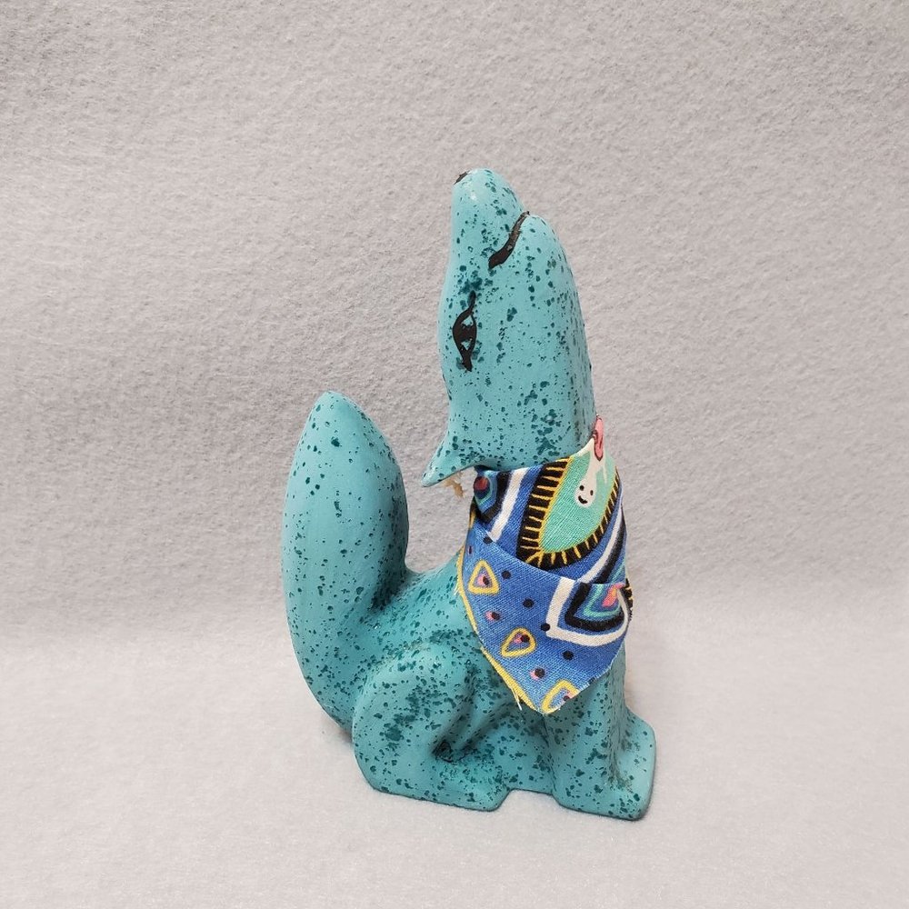 Southwestern Howling Dog Figurine Ceramic Folk Art Turquoise Blue Handmade Texas